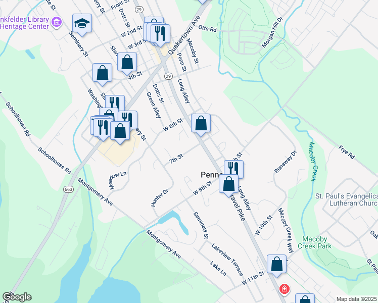 map of restaurants, bars, coffee shops, grocery stores, and more near 245 West 7th Street in Pennsburg