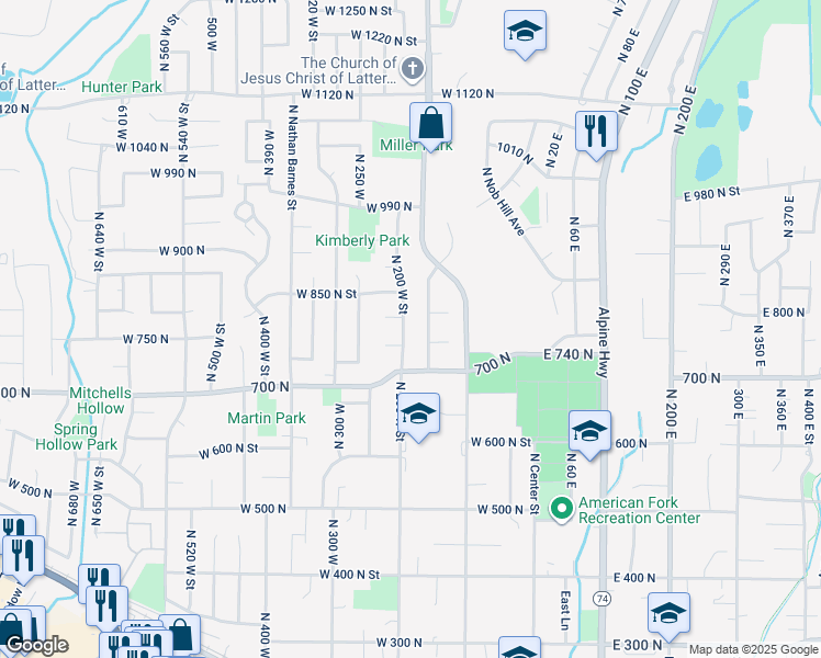 map of restaurants, bars, coffee shops, grocery stores, and more near 782 North 200 West Street in American Fork