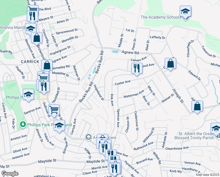 map of restaurants, bars, coffee shops, grocery stores, and more near 437 Kirk Avenue in Pittsburgh