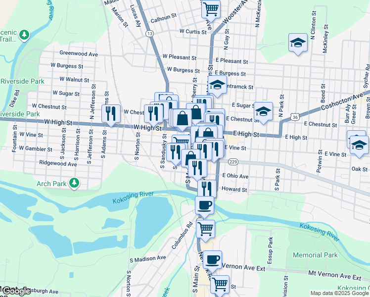 map of restaurants, bars, coffee shops, grocery stores, and more near 100 South Mechanic Street in Mount Vernon