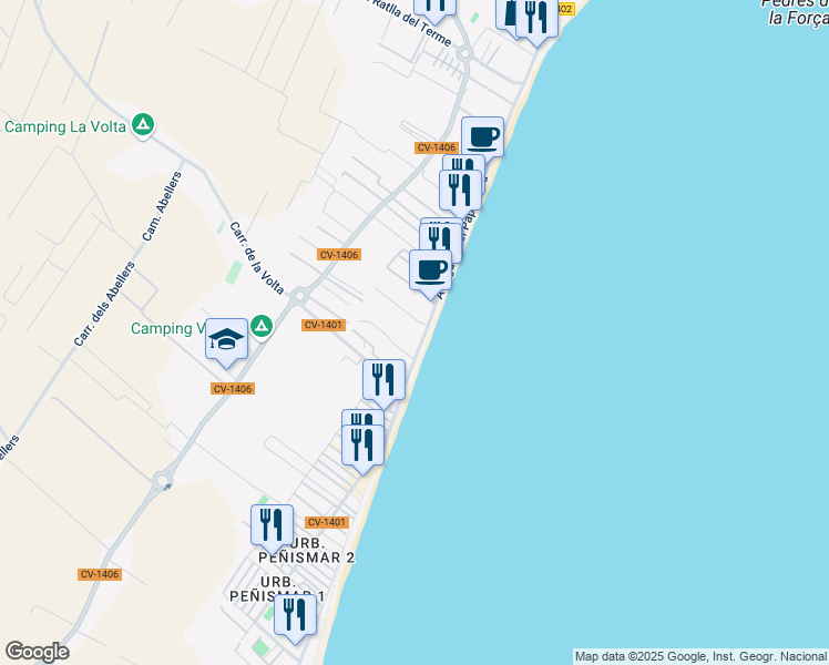 map of restaurants, bars, coffee shops, grocery stores, and more near 1 Avenida Papa Luna e 130 in Peñíscola