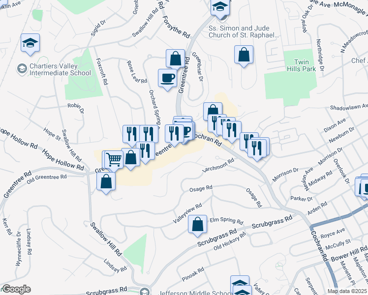 map of restaurants, bars, coffee shops, grocery stores, and more near 1717 Cochran Road in Pittsburgh