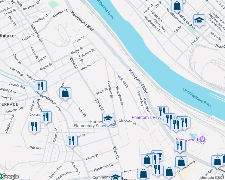 map of restaurants, bars, coffee shops, grocery stores, and more near 3922 Everlawn Street in West Mifflin
