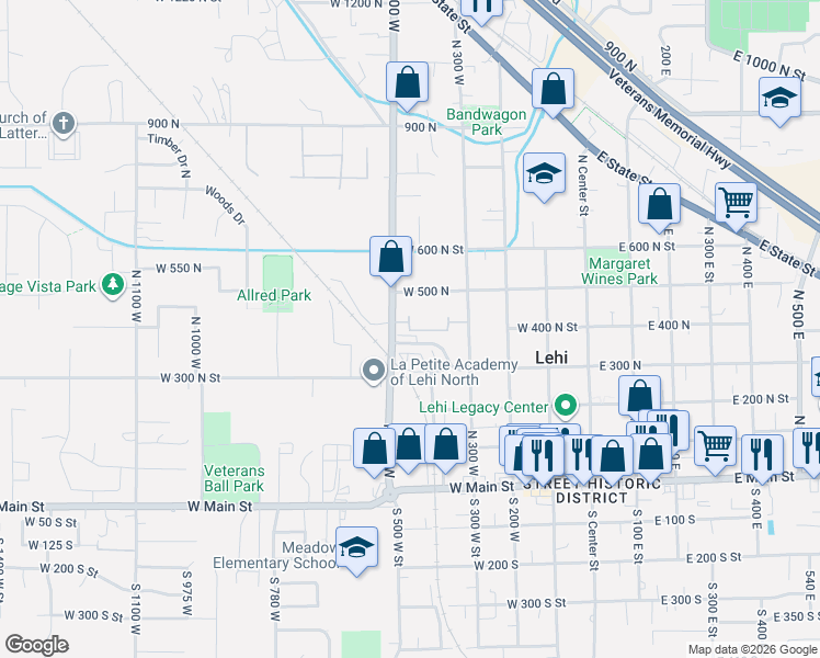 map of restaurants, bars, coffee shops, grocery stores, and more near 430 North 470 West in Lehi