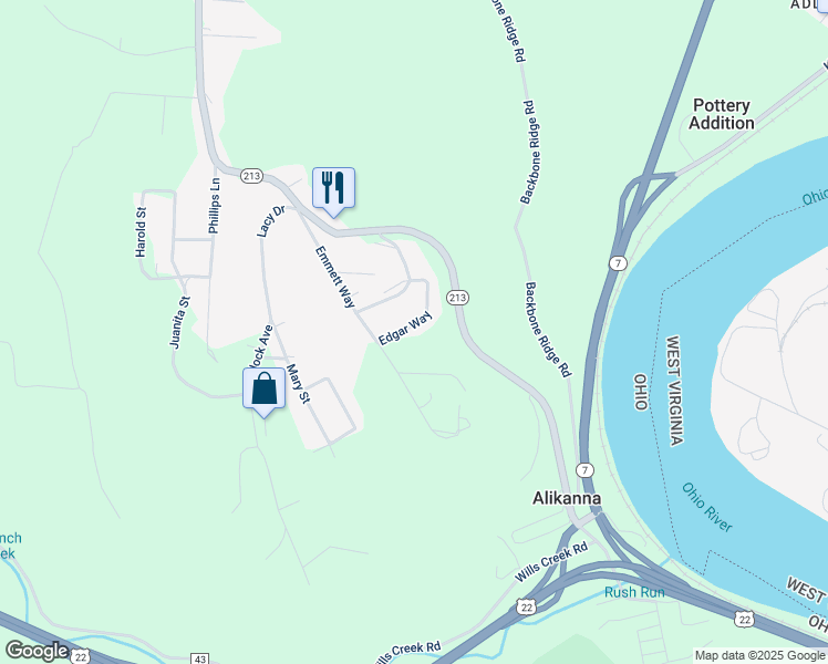 map of restaurants, bars, coffee shops, grocery stores, and more near 258 Edgar Way in Steubenville