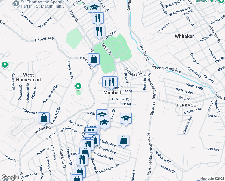 map of restaurants, bars, coffee shops, grocery stores, and more near in Munhall