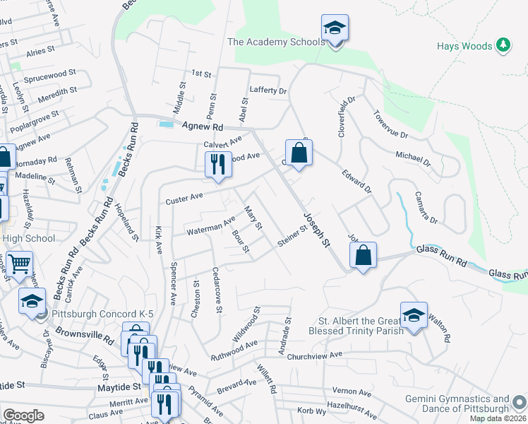 map of restaurants, bars, coffee shops, grocery stores, and more near 300 Mary Street in Pittsburgh