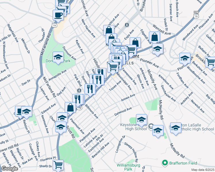 map of restaurants, bars, coffee shops, grocery stores, and more near 1312 Kelton Avenue in Pittsburgh