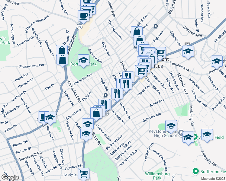 map of restaurants, bars, coffee shops, grocery stores, and more near in Dormont