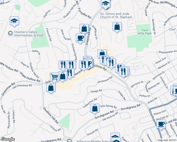 map of restaurants, bars, coffee shops, grocery stores, and more near 716 Pinetree Road in Pittsburgh