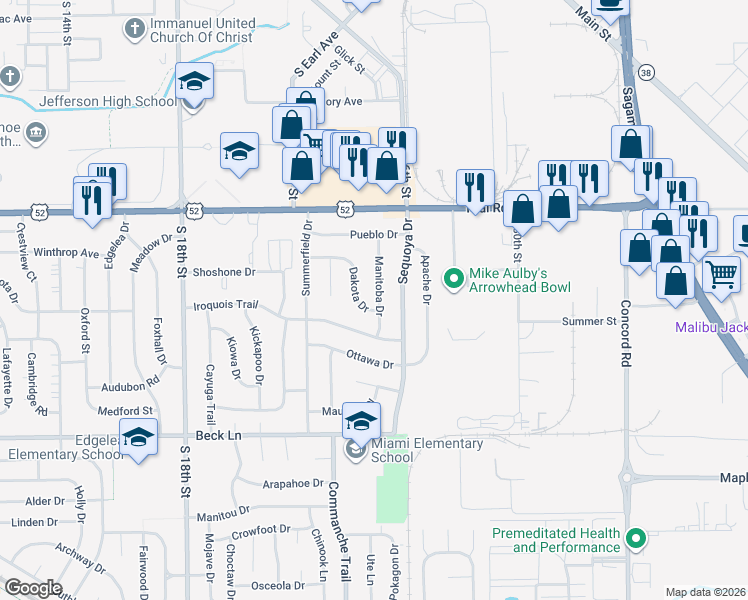 map of restaurants, bars, coffee shops, grocery stores, and more near 2400 Manitoba Dr in Lafayette