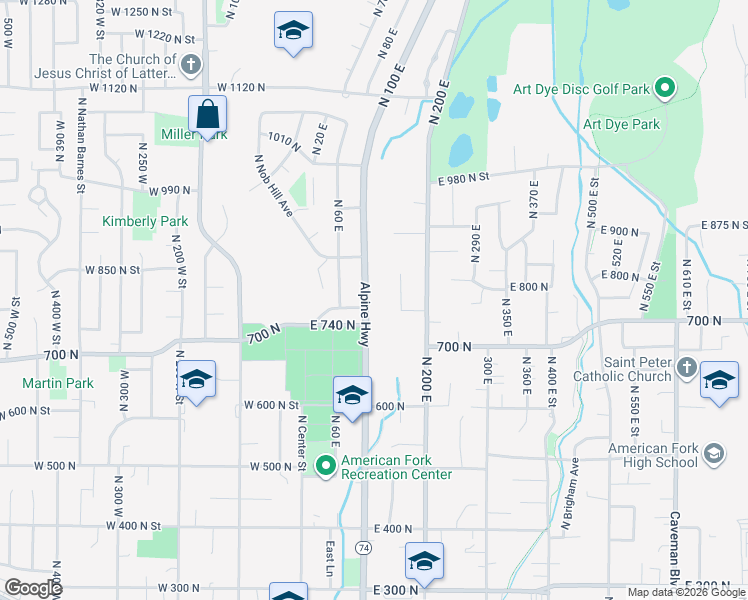 map of restaurants, bars, coffee shops, grocery stores, and more near 780 North 100 East in American Fork