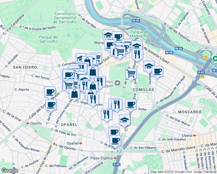 map of restaurants, bars, coffee shops, grocery stores, and more near 7 Calle Zarco Hermanos in Madrid