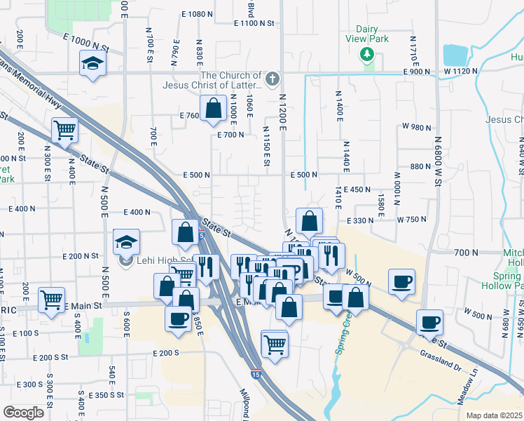 map of restaurants, bars, coffee shops, grocery stores, and more near 374 North 1100 East in Lehi