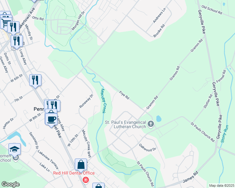 map of restaurants, bars, coffee shops, grocery stores, and more near 1338 Frye Road in Pennsburg