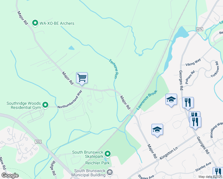 map of restaurants, bars, coffee shops, grocery stores, and more near 92 Major Road in South Brunswick Township