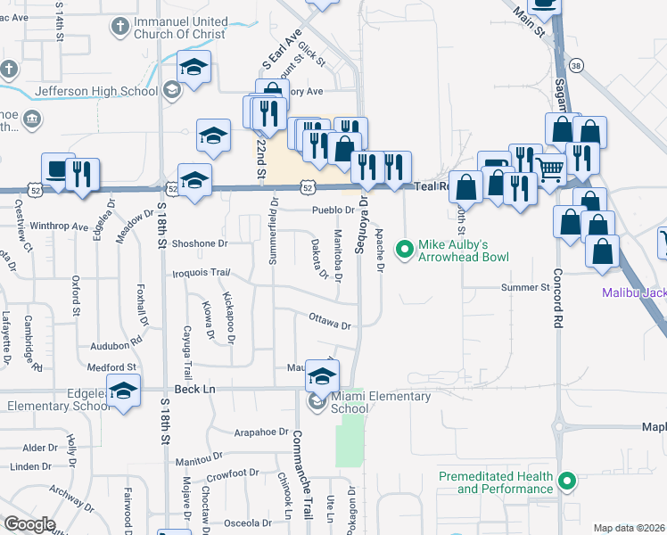 map of restaurants, bars, coffee shops, grocery stores, and more near 2400 Manitoba Dr in Lafayette