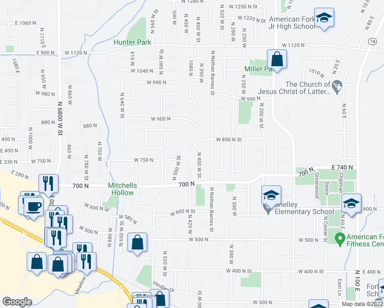 map of restaurants, bars, coffee shops, grocery stores, and more near 411 West 840 North in American Fork