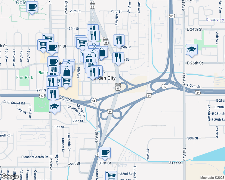 map of restaurants, bars, coffee shops, grocery stores, and more near 608 27th Street Road in Greeley