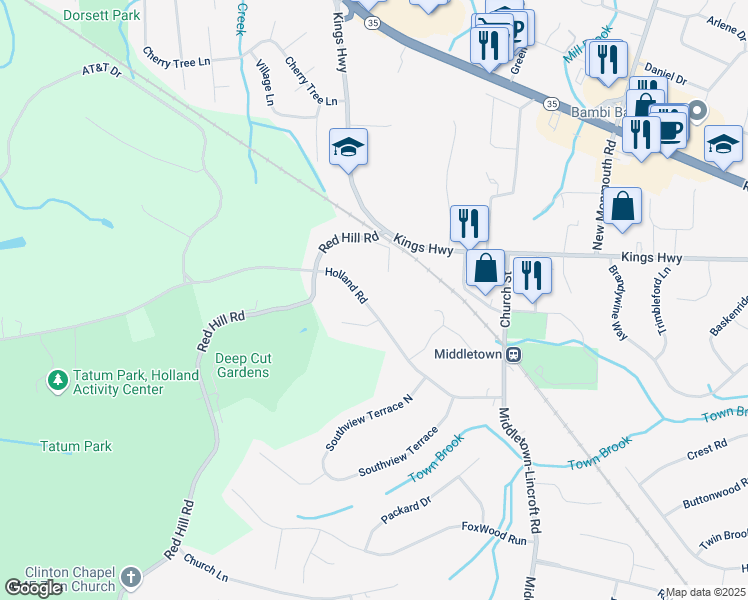 map of restaurants, bars, coffee shops, grocery stores, and more near 29 Holmdel Middletown Road in Middletown Township