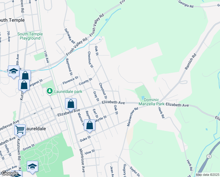 map of restaurants, bars, coffee shops, grocery stores, and more near 3502 Oak Street in Laureldale
