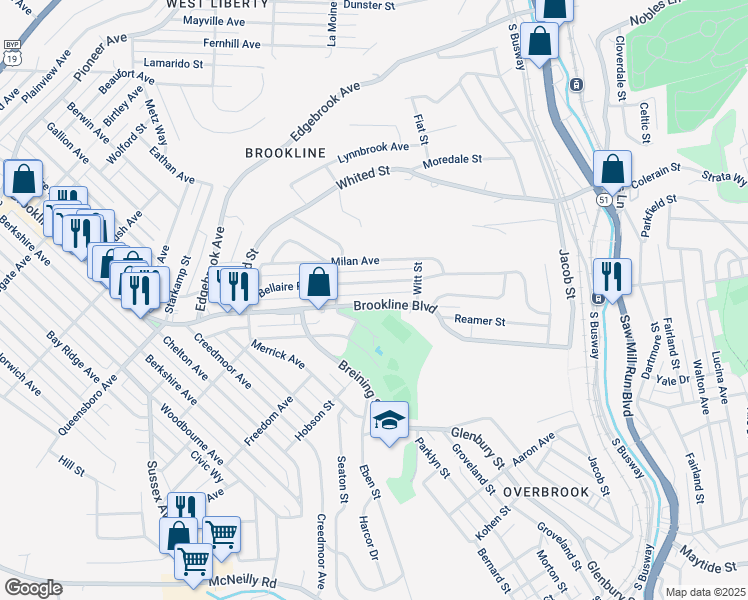 map of restaurants, bars, coffee shops, grocery stores, and more near 1492 Brookline Boulevard in Pittsburgh