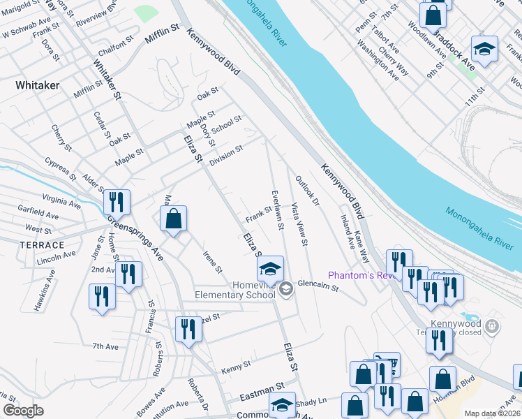 map of restaurants, bars, coffee shops, grocery stores, and more near 817 Frank Street in West Mifflin