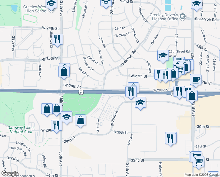 map of restaurants, bars, coffee shops, grocery stores, and more near 2835 South 31st Avenue in Greeley