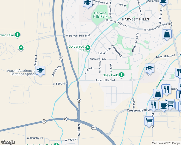 map of restaurants, bars, coffee shops, grocery stores, and more near 649 North Sidney Lane in Saratoga Springs