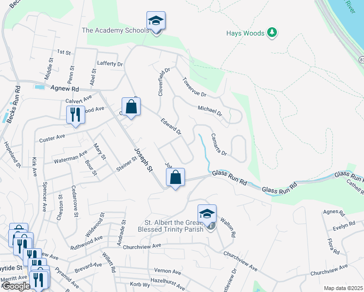 map of restaurants, bars, coffee shops, grocery stores, and more near 1136 Edward Drive in Pittsburgh