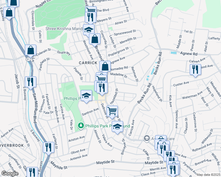map of restaurants, bars, coffee shops, grocery stores, and more near 2133 Brownsville Road in Pittsburgh