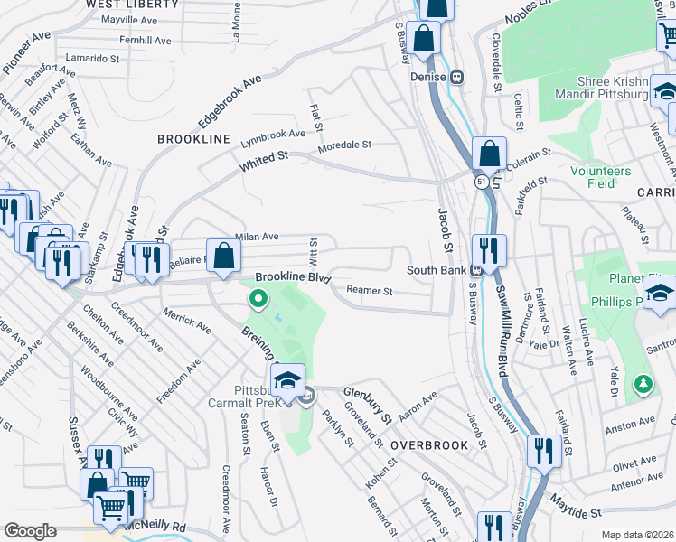 map of restaurants, bars, coffee shops, grocery stores, and more near 1515 Reamer Street in Pittsburgh