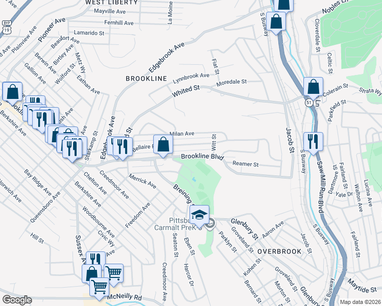 map of restaurants, bars, coffee shops, grocery stores, and more near 1492 Brookline Boulevard in Pittsburgh