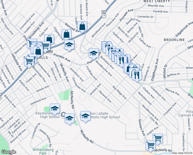 map of restaurants, bars, coffee shops, grocery stores, and more near 701 Norwich Avenue in Pittsburgh