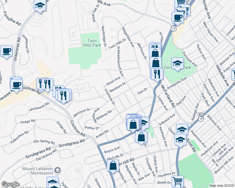 map of restaurants, bars, coffee shops, grocery stores, and more near 530 Lyndhurst Avenue in Pittsburgh