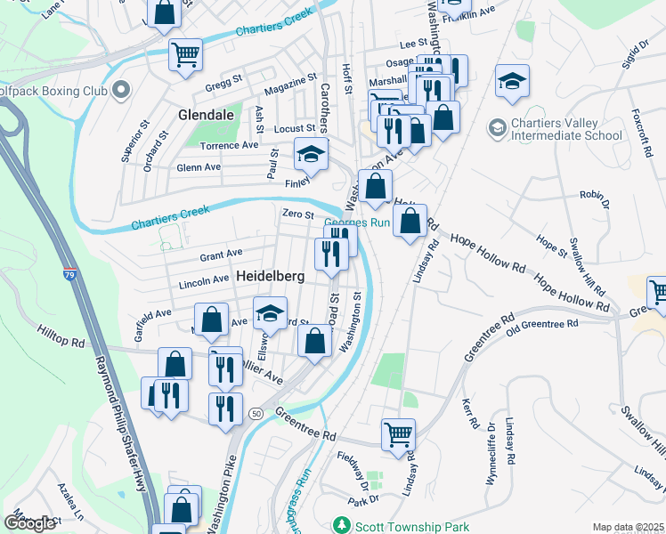 map of restaurants, bars, coffee shops, grocery stores, and more near 408 2nd Street in Carnegie