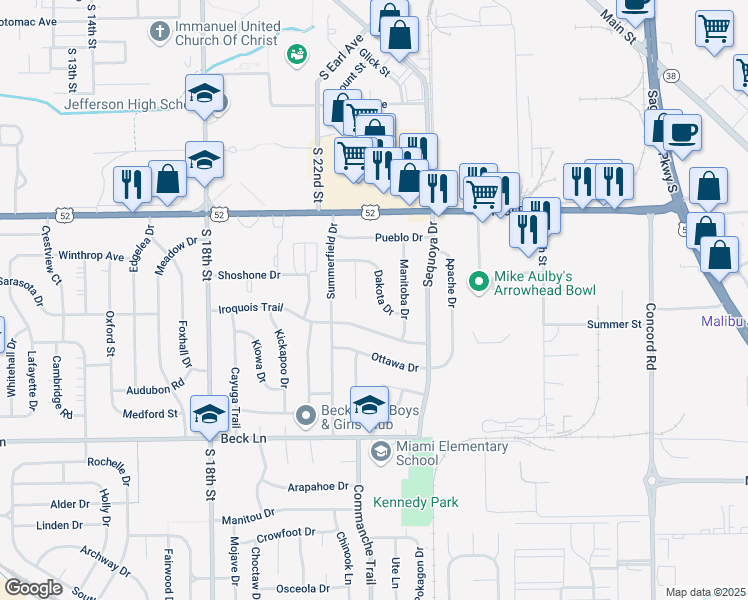 map of restaurants, bars, coffee shops, grocery stores, and more near 2304 Iroquois Trail in Lafayette