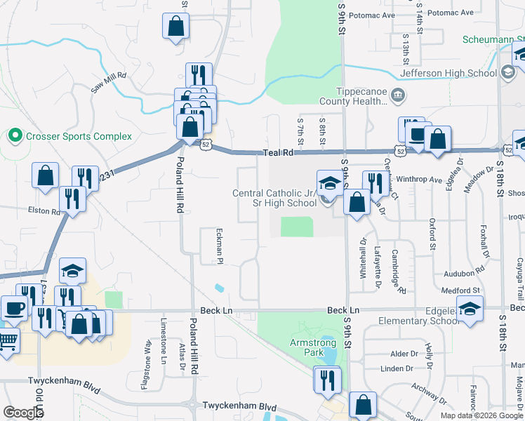 map of restaurants, bars, coffee shops, grocery stores, and more near 2335 Bennett Road in Lafayette