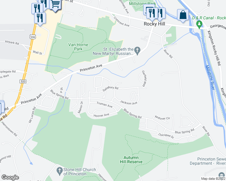 map of restaurants, bars, coffee shops, grocery stores, and more near 31 Jackson Avenue in Princeton