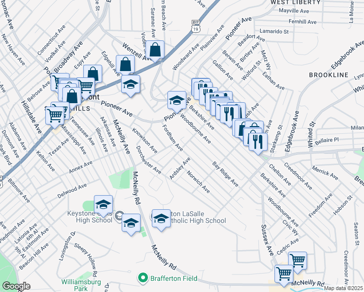 map of restaurants, bars, coffee shops, grocery stores, and more near 701 Norwich Avenue in Pittsburgh