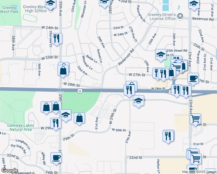 map of restaurants, bars, coffee shops, grocery stores, and more near 2831 28th Street in Greeley