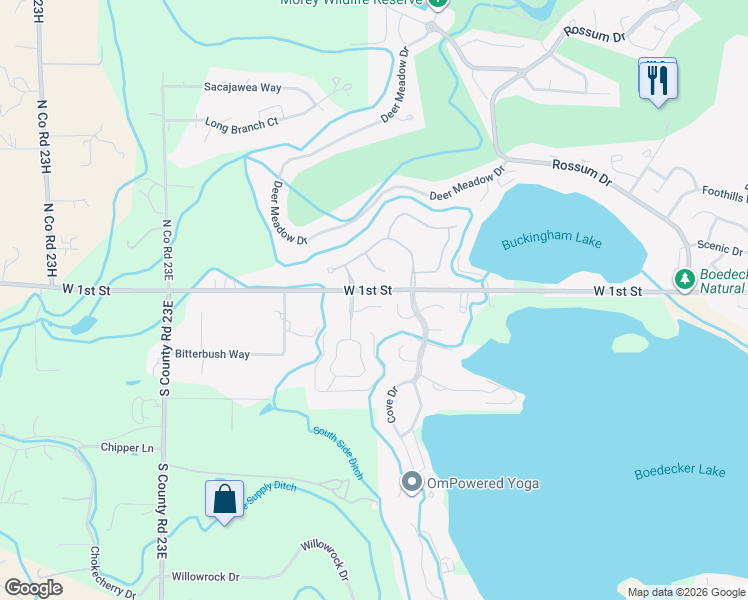 map of restaurants, bars, coffee shops, grocery stores, and more near 5658 Mountain Iris Court in Loveland
