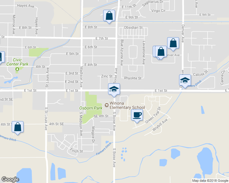 map of restaurants, bars, coffee shops, grocery stores, and more near 100 South Boise Avenue in Loveland