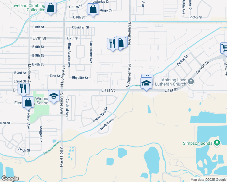 map of restaurants, bars, coffee shops, grocery stores, and more near 2155 Blue Duck Court in Loveland
