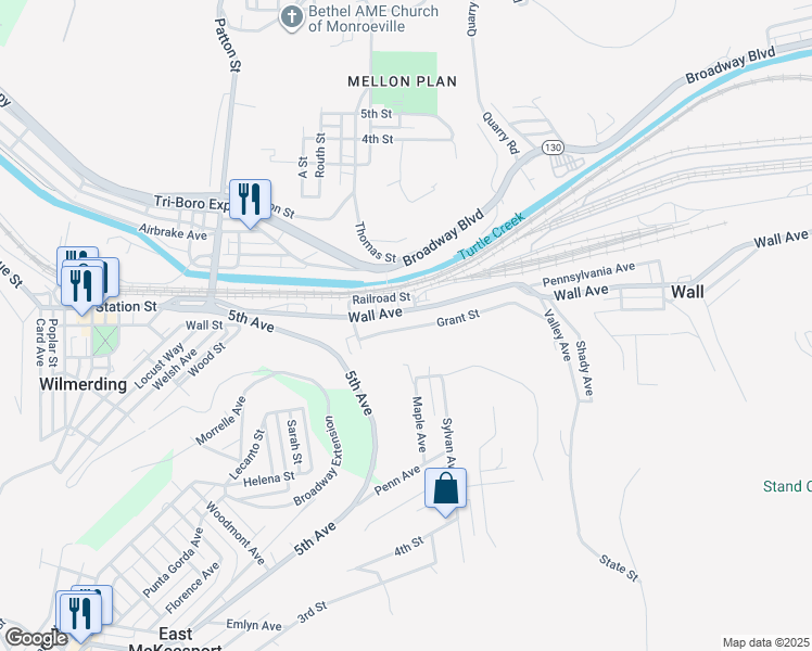 map of restaurants, bars, coffee shops, grocery stores, and more near 216 Grant Street in Wall