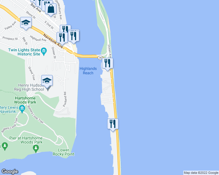 map of restaurants, bars, coffee shops, grocery stores, and more near 210 New Jersey 36 in Sea Bright