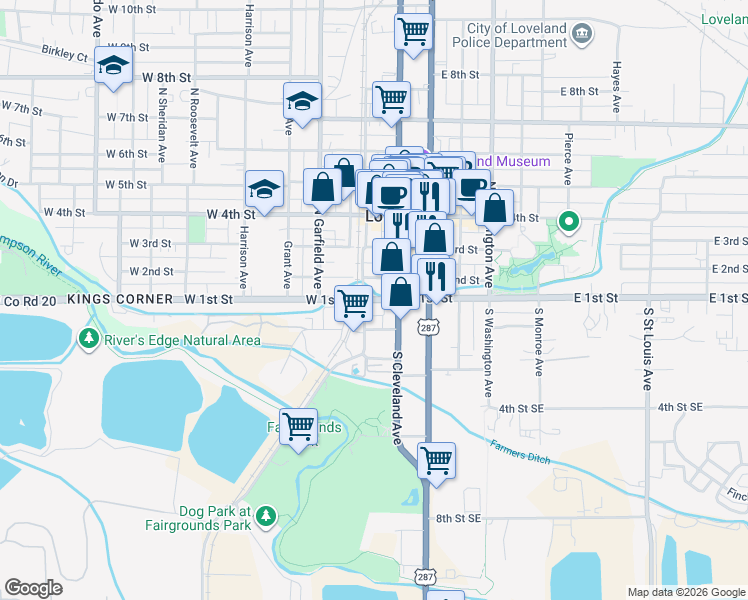 map of restaurants, bars, coffee shops, grocery stores, and more near 129 South Cleveland Avenue in Loveland