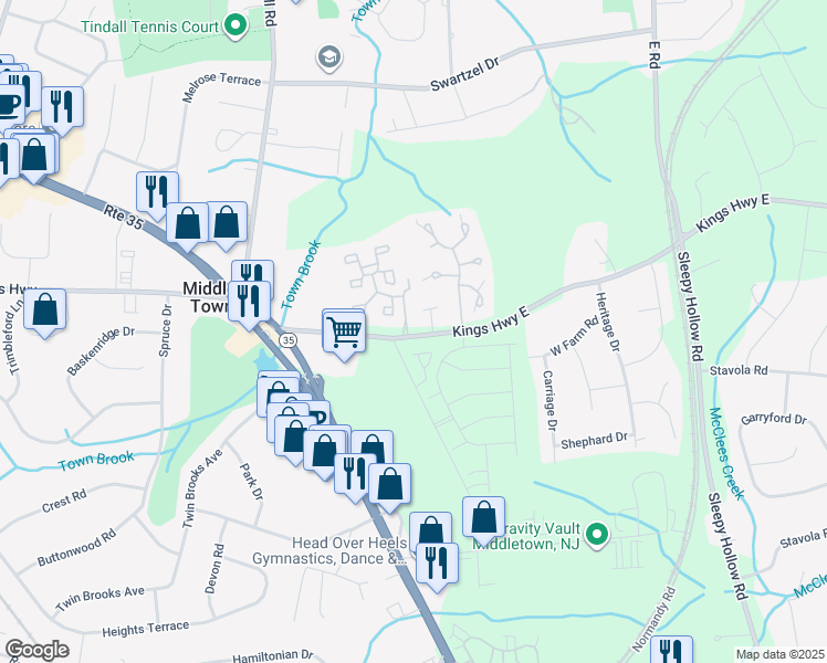 map of restaurants, bars, coffee shops, grocery stores, and more near 361 Kings Highway East in Monmouth County