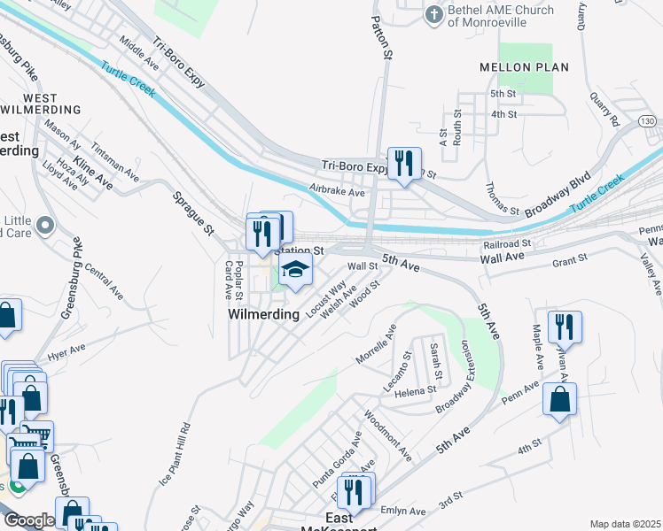 map of restaurants, bars, coffee shops, grocery stores, and more near 325 Commerce Street in Wilmerding