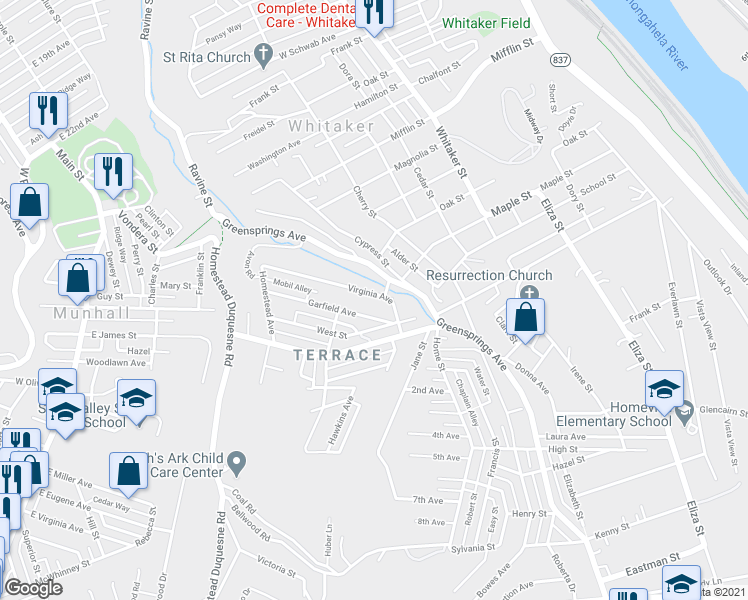 map of restaurants, bars, coffee shops, grocery stores, and more near 3318 Garfield Avenue in West Mifflin